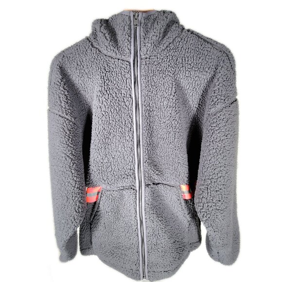 Express full zip hoodie deep pile sherpa front pockets safety stripe pink M/L - Picture 1 of 16